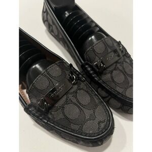 Coach Black Jacquard Loafer Flats Logo Metallic Hardware Slip On Women's